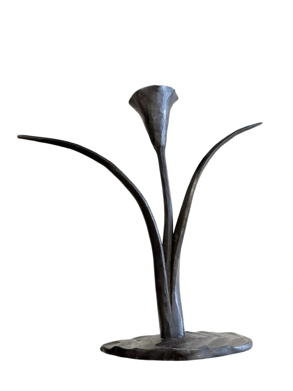 Vintage Hand Forged Iron Calla Lily Candlesticks Pair Brutalist Sculptural